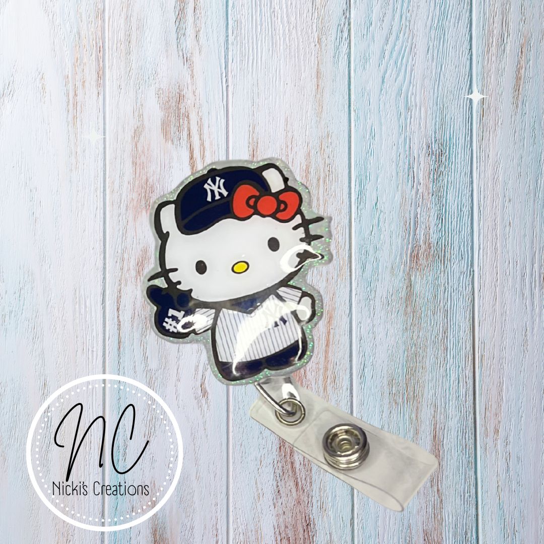 Hand Crafted Badge Reel (Hello Kitty Yankees)